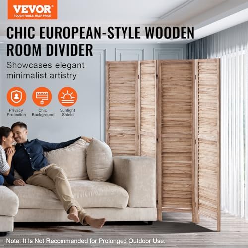 VEVOR Wood Room Divider, 4 Panel Wood Folding Privacy Screen, 66.9 Inches Tall - Image 2