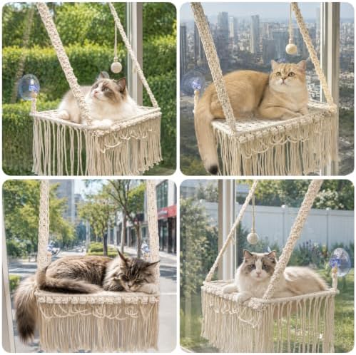 Boho Macrame Cat Window Perch, Cat Window Hammock, 17.7”-11.8”-Metal Frame Beds - Image 6