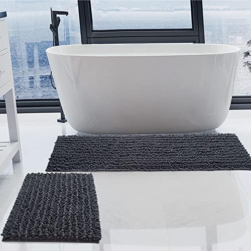 Luxury Chenille Charcoal Grey Bathroom Rugs Sets 2 Piece, Thickened Hot Melt by HVERONNEX