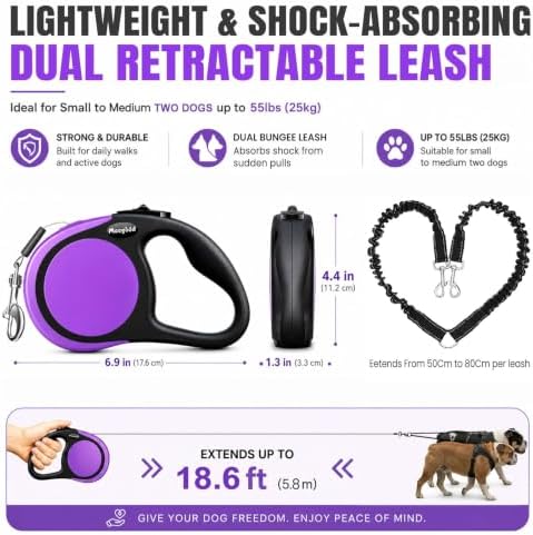 Double Retractable Dog Leash for Two Dogs, Combined Weight Up to 110 lbs – 18.6 - Image 2