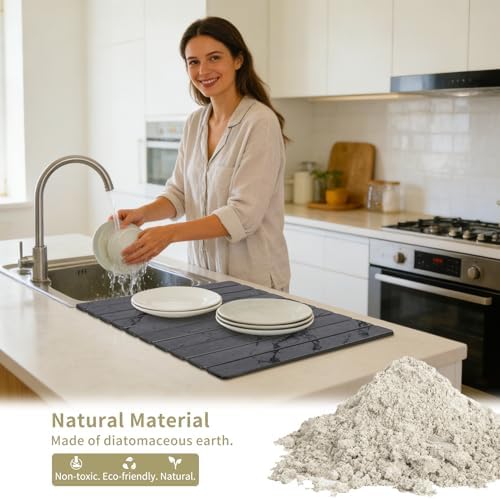 Stone Dish Drying Mat for Kitchen Counter, Large Foldable Marble Quick Dry - Image 3