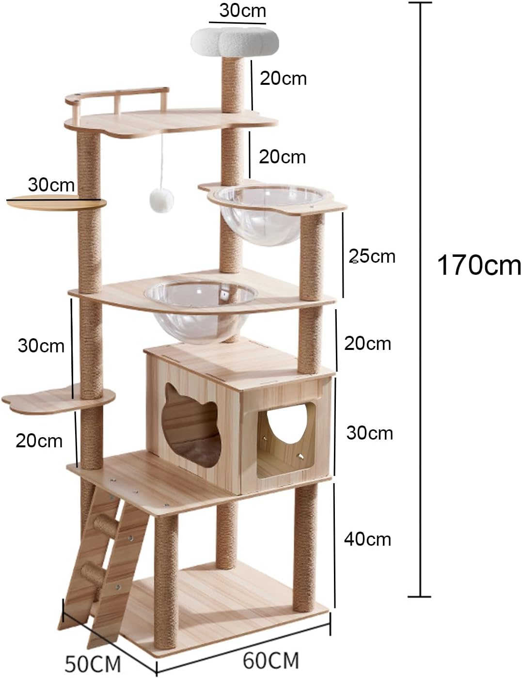 67-Inch Cat Tree for Indoor Cats Large Adult,Cat Tree Tower with Condo, Cat Stairs, 2 Bowl,14 Sisal Scratching Posts, Top Perch, with Padded Platform Bed,Toy Balls,Larg Large cat Tree.B12