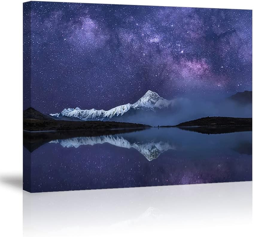 Peaceful Star Lake Landscape Wall Art For Bedroom,Starry Night Sky Over Snowy Mountain,Purple Milky Way Galaxy Scenery Decor,Giclee Canvas Print Picture, Inner Frame 12x16 Inches