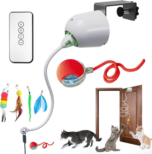 Cat Toys Hanging Door Electric and Moving Ball, Cats Toy Interactive for Indoor for Bored Feather Toys Kitten Rechargeable Door Hanging Automatic Retractable String（White）