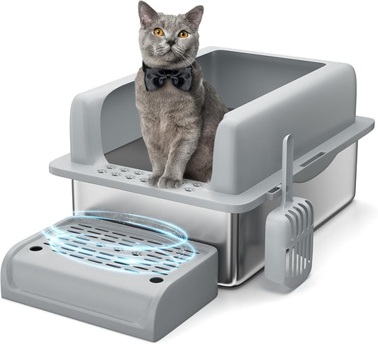 Stainless Steel Cat Litter Box 8 inch, XXL Large Cat Litter Tray with High Side, Platform Step and Scoop for Big Cats Multiple Cats, Easy Clean
