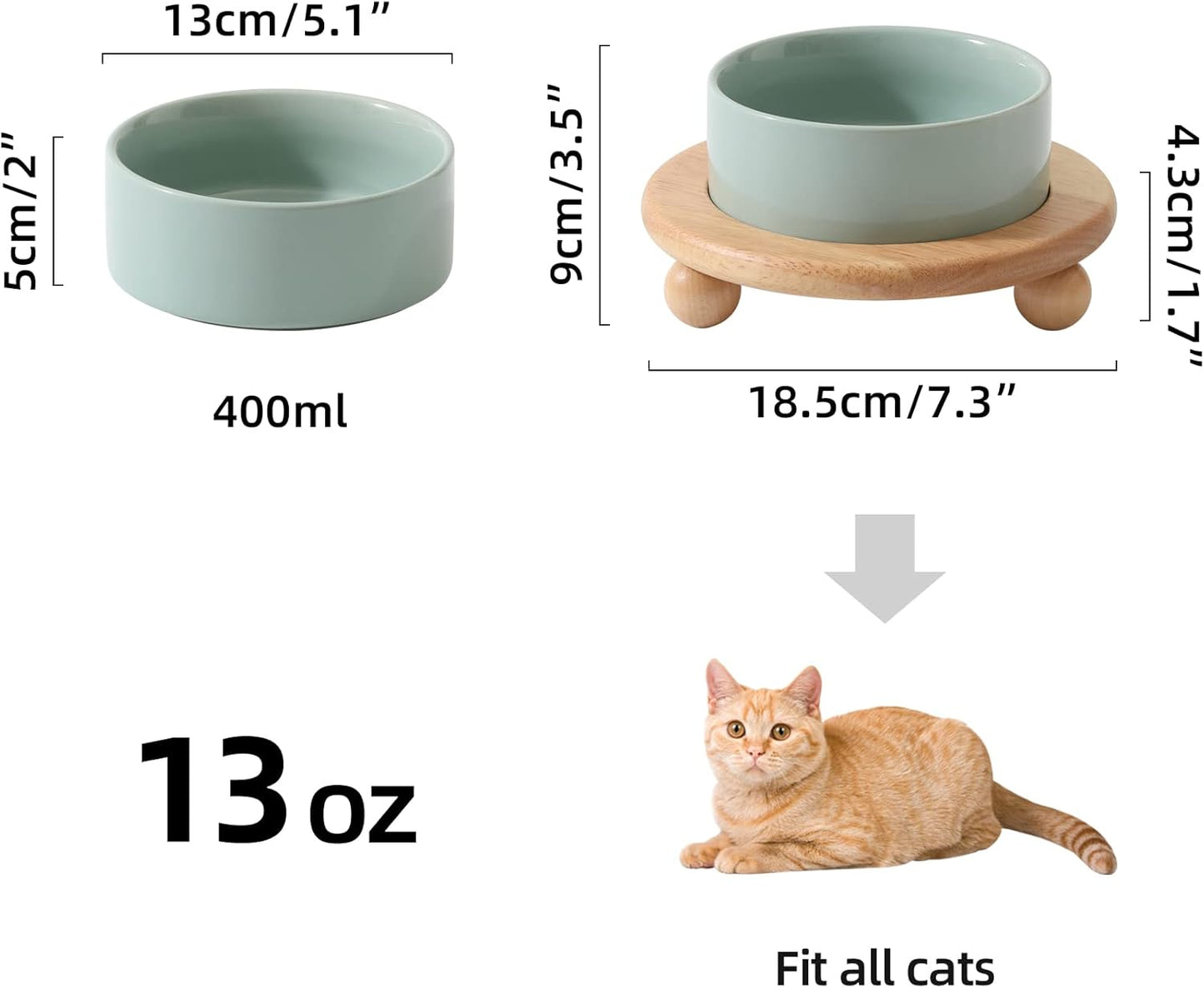 Ceramic Elevated Cat Food and Water Bowl, Kitty Bowl, Raised Cat Dish, Pet Feeder (5.1 in,1 x Light Green + Stand)
