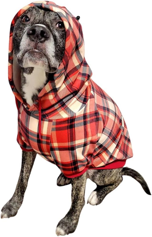 Spark Paws Dog Hoodie – Premium Dog Sweater for Small, Medium, and Large Dogs | Warm Outfits for French Bulldogs, Pitbull, Puppy, Winter Jacket Alternative - Red Plaid, 2XL