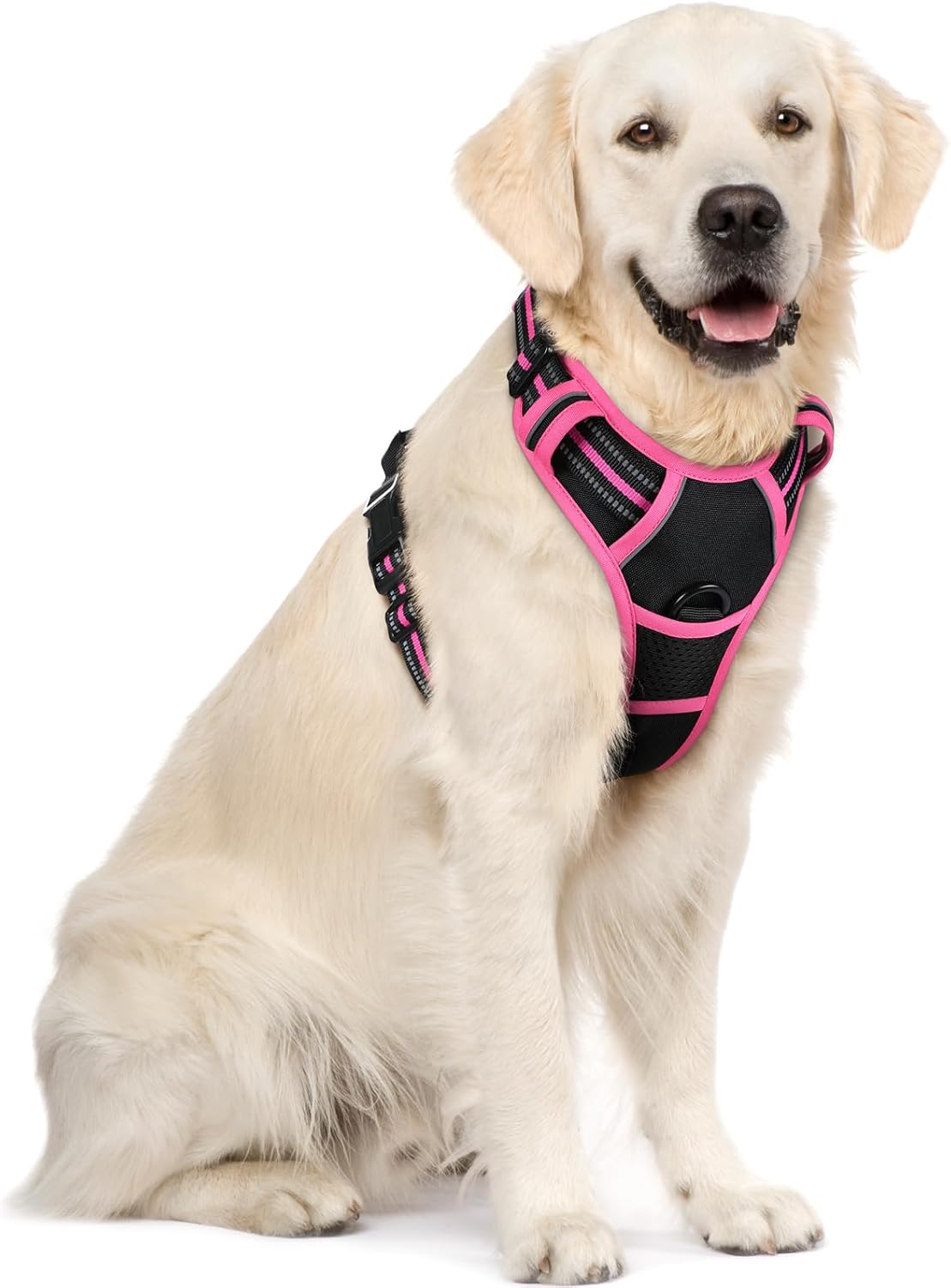 rabbitgoo Dog Harness No Pull with 2 Leash Clips, Adjustable Soft Padded, Reflective Oxford No Choke Pet Vest with Easy Control Handle for Large Dogs, Black & Hot Pink, XL