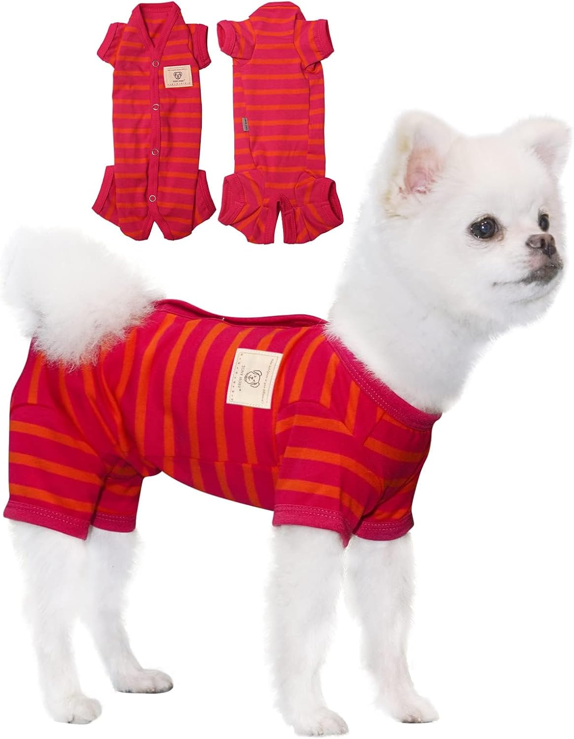 TONY HOBY Dog Pajamas, Female/Male Dog 4 Legged Pajamas, Soft Cotton Dogs Jumpsuit with Stripes (Rose Red&Orange, Girl, M)