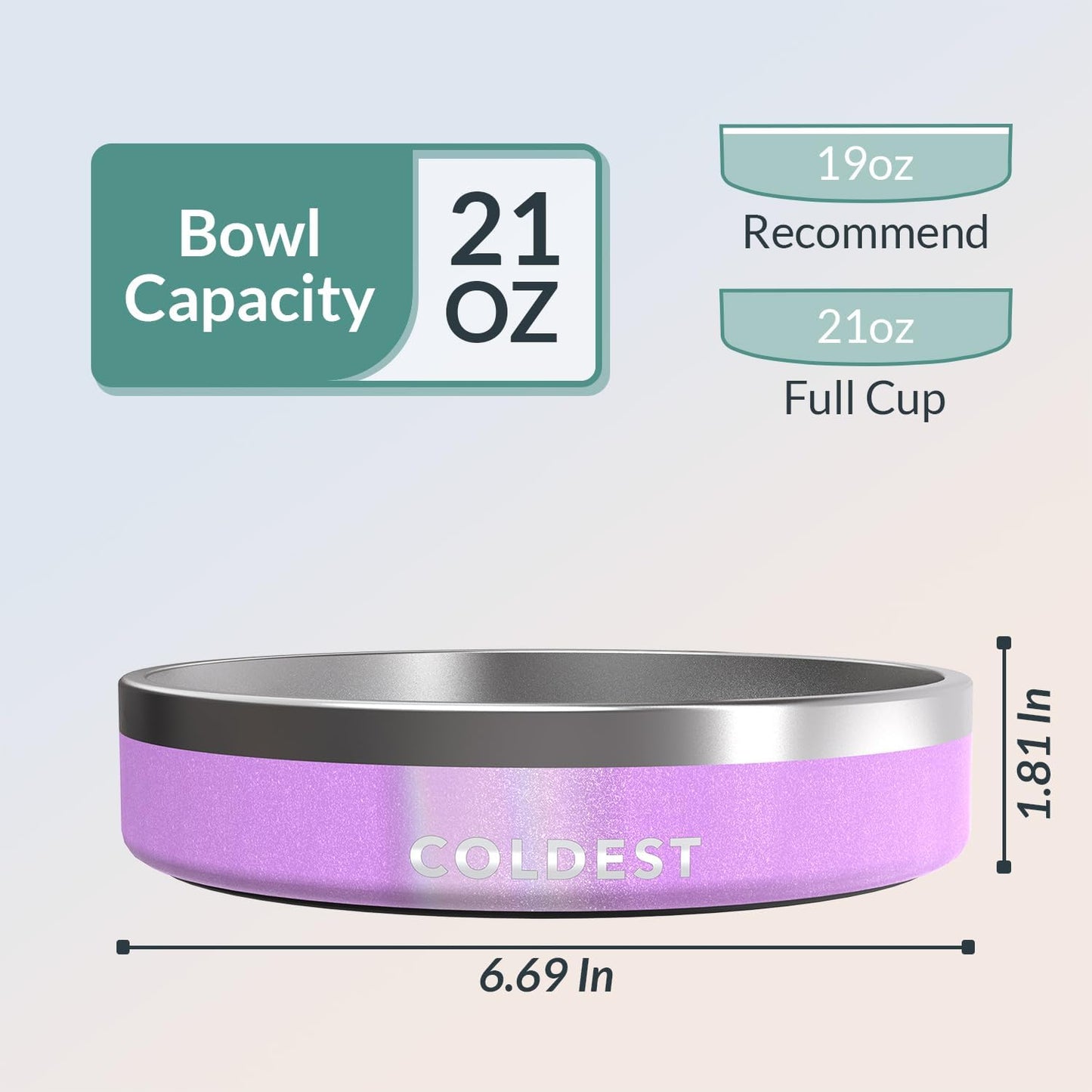 Coldest Dog Bowl - Anti Rust Metal, Non Slip, 3 Layers Insulated Stainless Steel Dog Bowls - Spill Proof & Heavy Duty - Water Bowl for Dogs, Cats, Dish Washer Safe (21 oz,Saturn's Moon Purple Glitter)