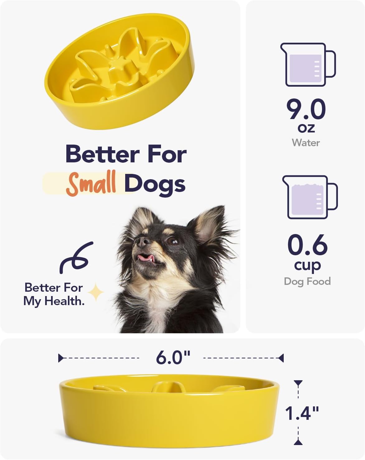 LE TAUCI Ceramic Slow Feeder Dog Bowls Small Breed, 0.6 Cups Dog Food Dish for Fast Eaters, Puzzle Bowl for Small Dogs and Cats, Star Yellow