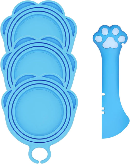 Cat Food Can Spoon & 3 Pcs Can Lids | Cute Paw Shape Can Covers & Cat Can Opener for Wet Food | Universal BPA Free Silicone for Cats and Dogs Food(Blue)