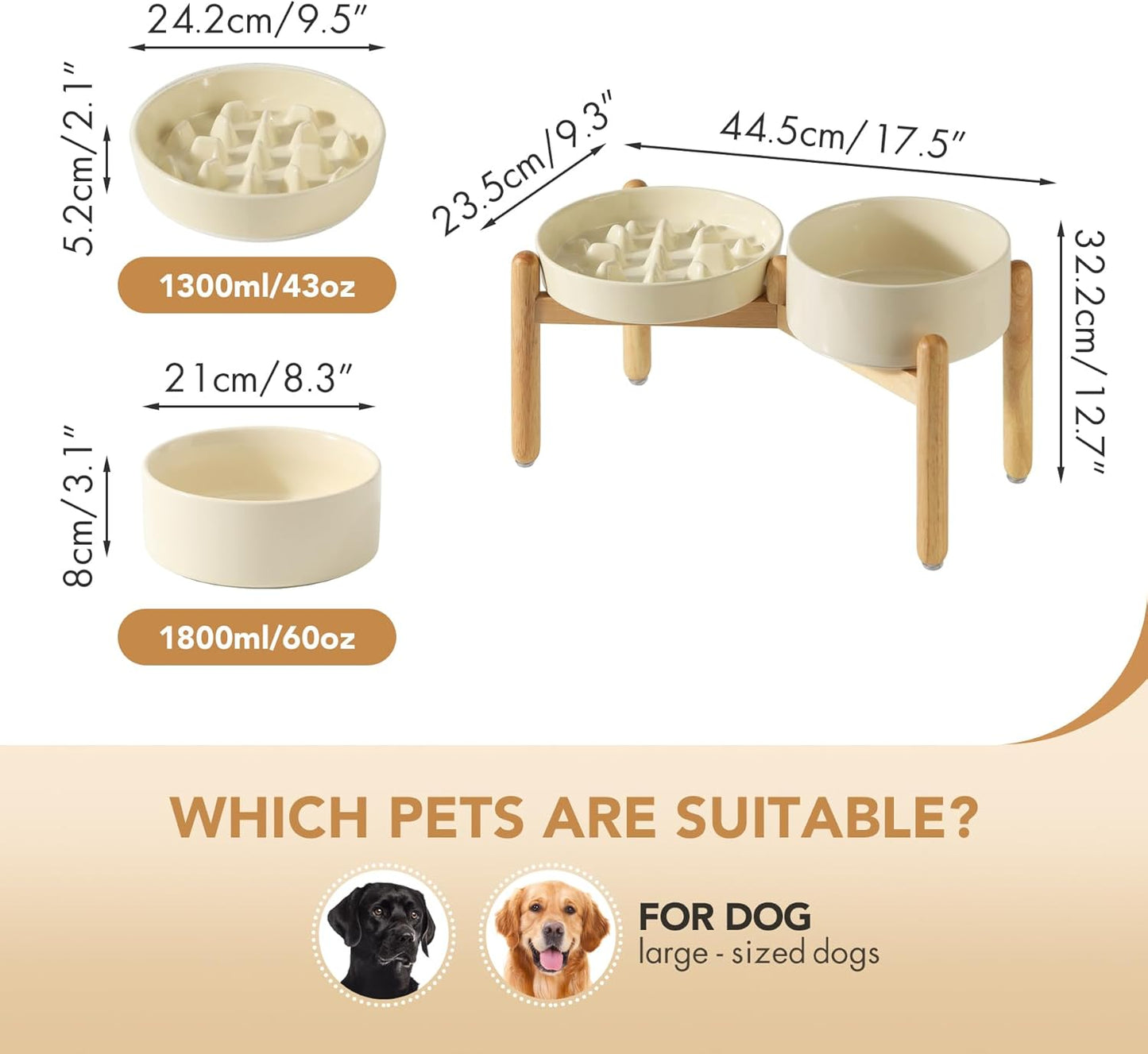 Ceramic Raised Slow Feeder Dog Bowl Set, Elevated 8.2inch Bowl and 9.5inch Slow Pet Food Dish with Wooden Stand for Large Dog (2 x Beige+ Stand)