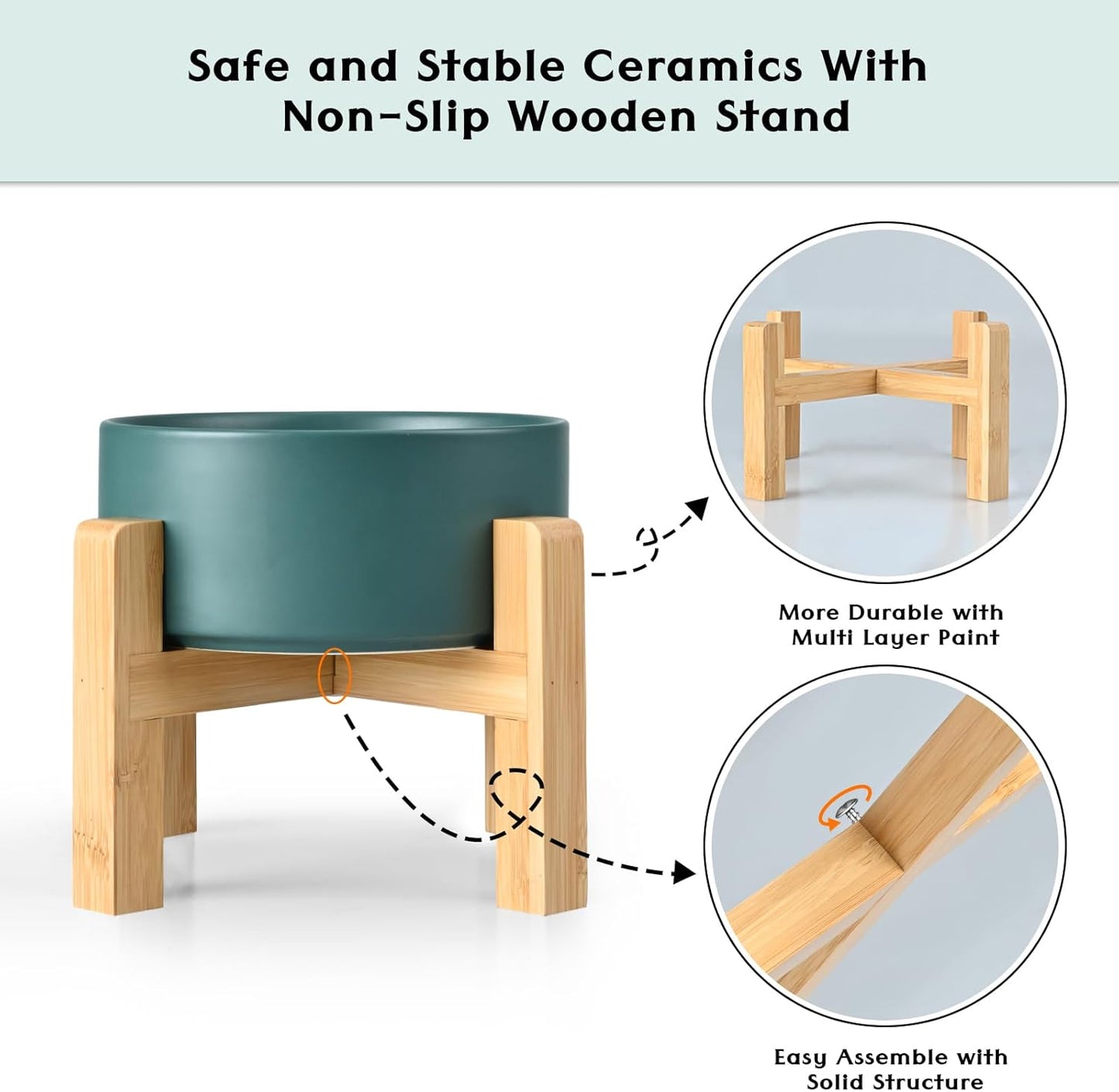 SPUNKYJUNKY Ceramic Elevated Dog Bowls 2 Pack - 8.3inch Raised Dog Bowls with Non-Slip Wooden Stand for Large Dogs Dishwasher Safe(Green,60OZ*2)