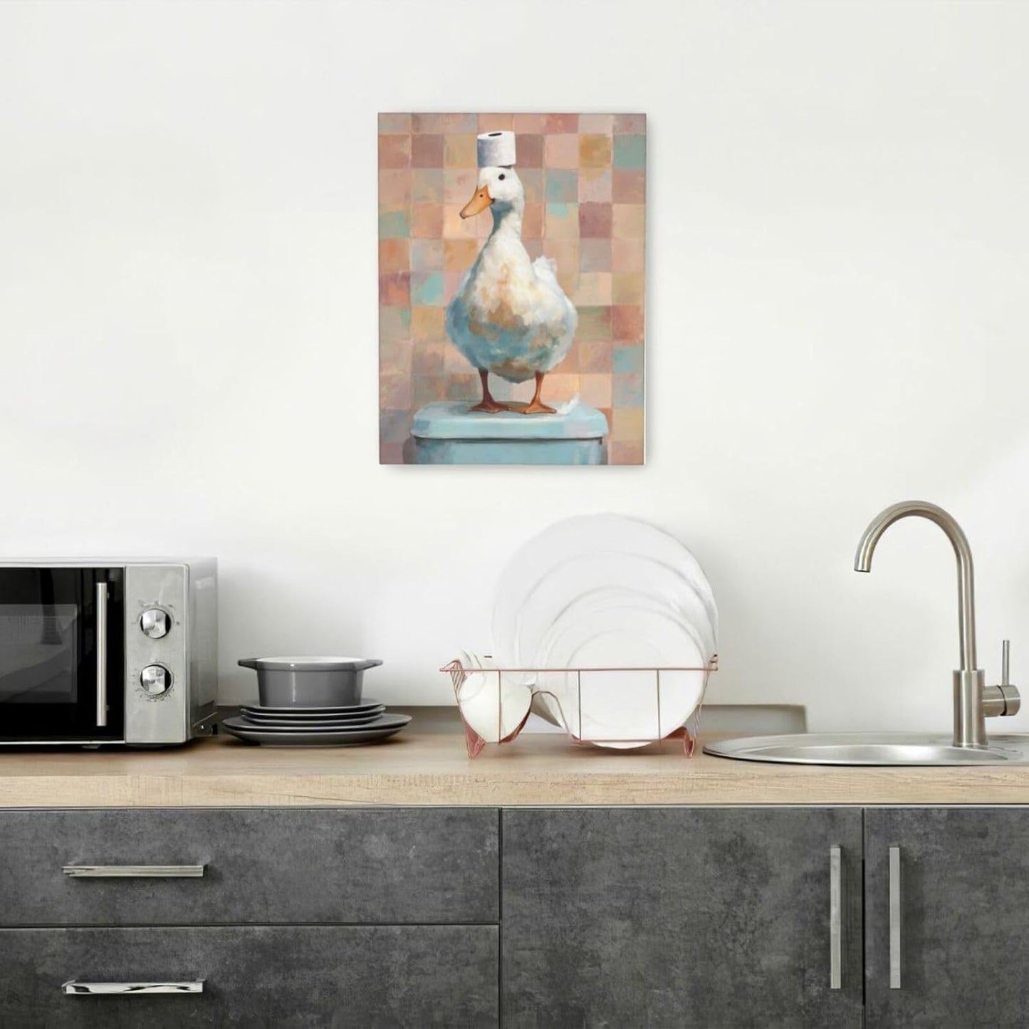 Funny Duck Bathroom Wall Art Cute Duck on Toilet Canvas Wall Decor Funny Quirky Farm Animal Pictures Painting Print Framed Artwork Decorations Gifts for Bathroom 12"x16"