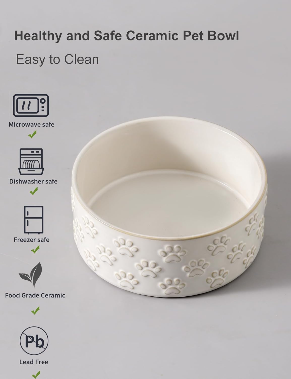 UBEE Ceramic Dog Food Bowl Set of 2, 6.1 inch Dog Dish Bowl with Paw Pattern, Pet Food Water Dish Feeding for Small and Meidum Dogs and Large Cat, White