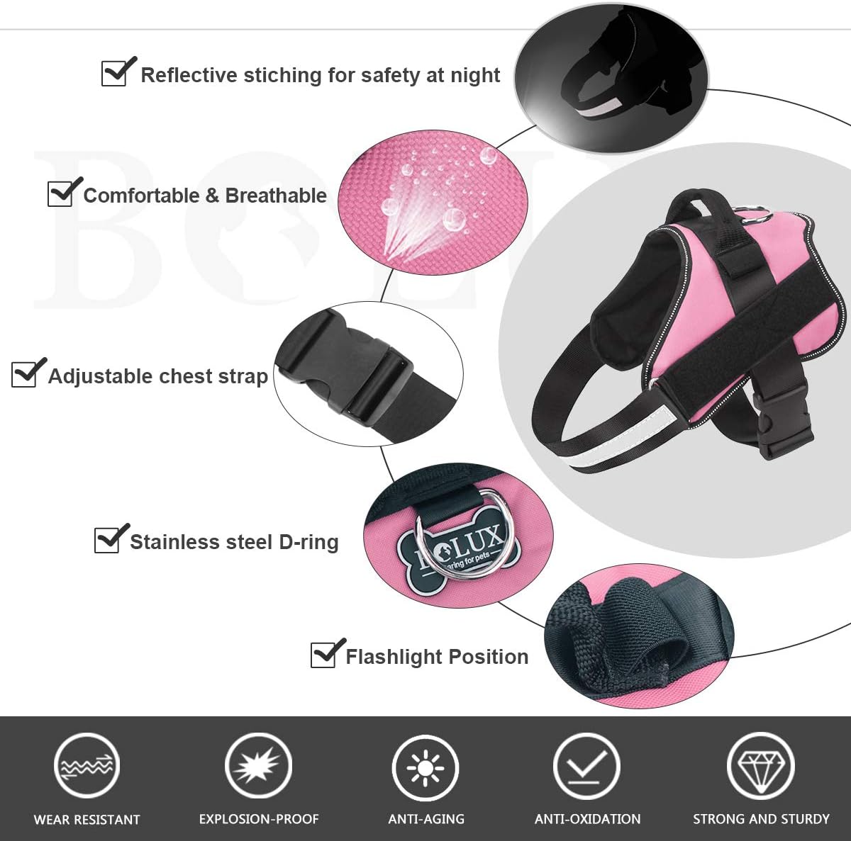 Bolux Dog Harness, No-Pull Reflective Dog Vest, Breathable Adjustable Pet Harness with Handle for Outdoor Walking - No More Pulling, Tugging or Choking (Pink, XS)