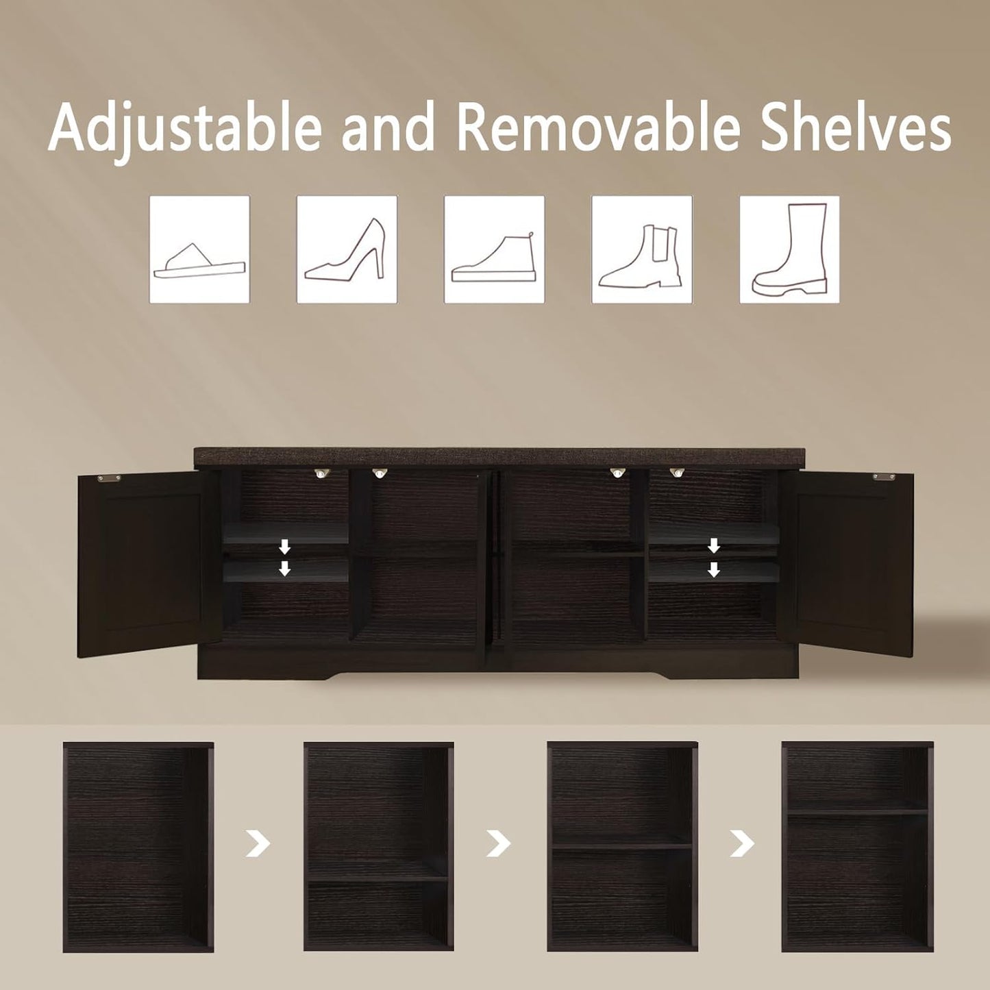 DINZI LVJ Shoe Bench, Entryway Storage Bench with Doors, Cushion, 2-Tier Shoe Rack with 8-Cubby, 47.2”L x 13.8”W Shoe Organizer Cabinet, Adjustable Shelf, Living Room, Bedroom, Espresso