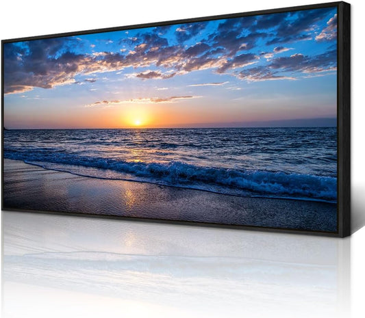 Wapluam Black Framed Wall Decor For Bedroom Large Canvas Wall Art For Living Room Office Wall Decorations Blue Ocean Wall Painting Sea Beach Seascape Pictures Fashion Artwork Hotel Room Home Decor