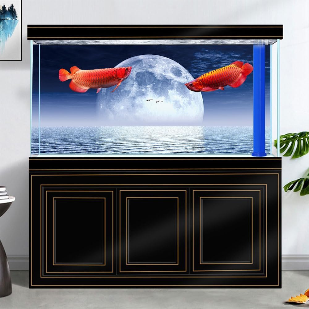 Moon Aquarium Background,Cool Sea Galaxy Parallel Space Themed Fish Tank Background, Cool Terrarium Background 48X20IN with 8 EVA Double-Sided Tape