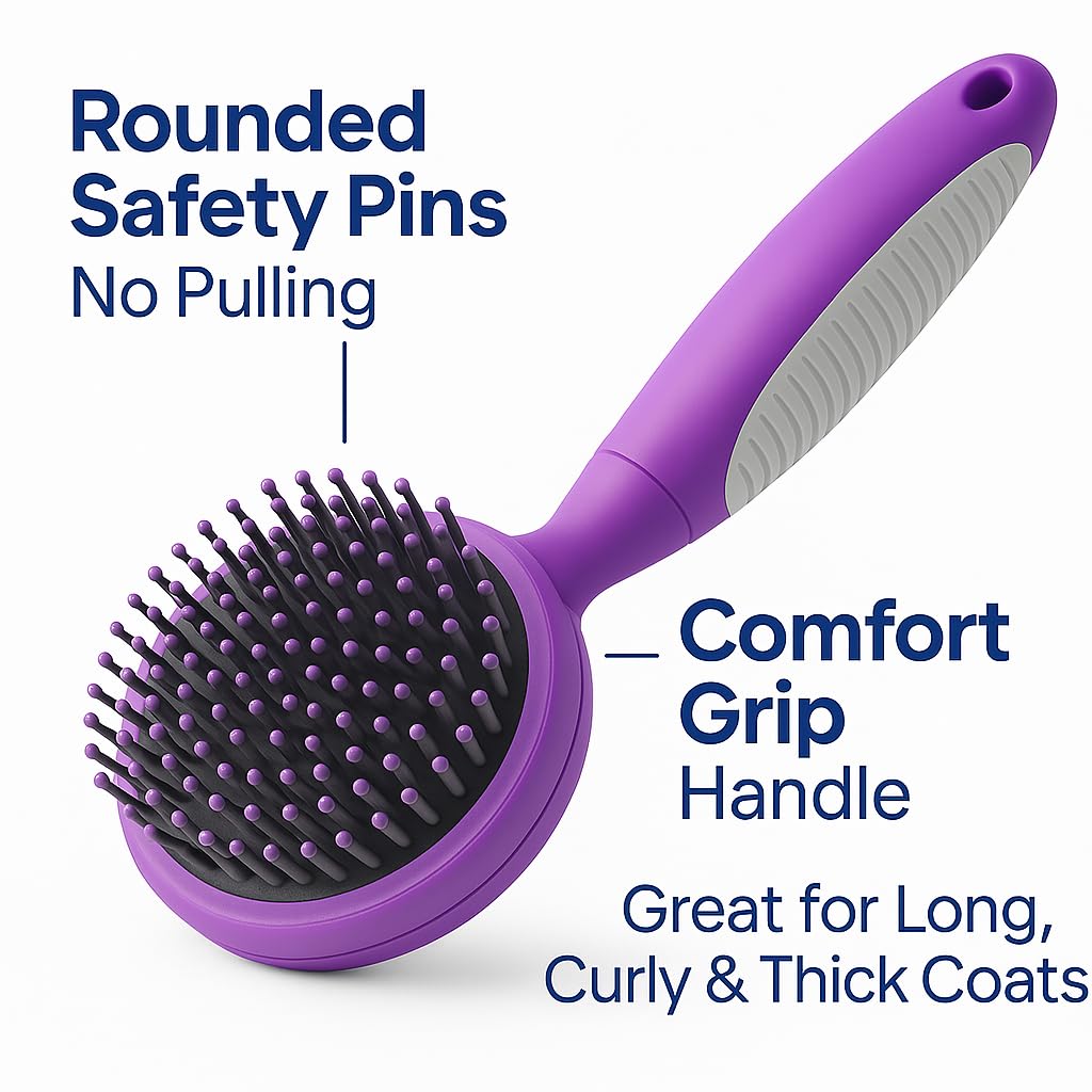 Round Bristle Pet Brush for Dogs and Cats - Soft Dog Brush for Grooming Short or Long Hair - Gentle Tool for Sensitive Skin Removes Dander, Dirt, and Detangles (Purple)