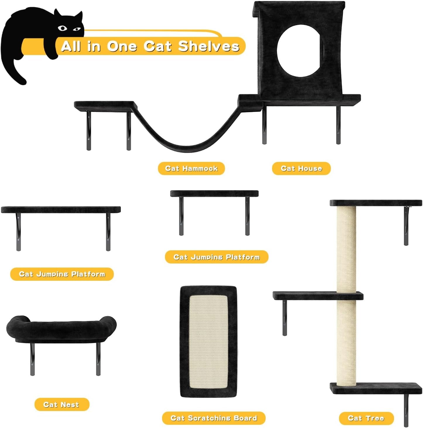 NUNU LAB Wall Mounted Cat Climber Set, 6 Pcs Cat Furniture Set with House, Bridge, Steps, Scratcher Board and Hammock, Shelves for Indoor, Luxury Walls Furniture(Black)
