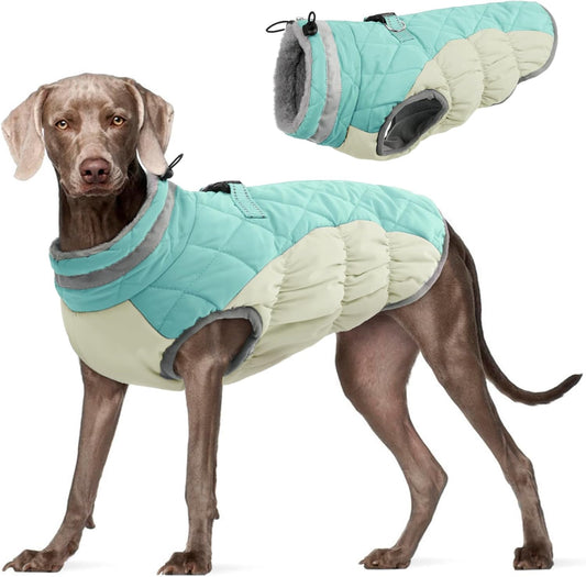 FUAMEY Dog Coat for Large Dogs,Waterproof Dog Winter Jacket with Harness Built in Puppy Cold Weather Coats Reflective Pet Vest with Zipper Warm Fleece Dogs Snowsuit Windproof Mint Green L