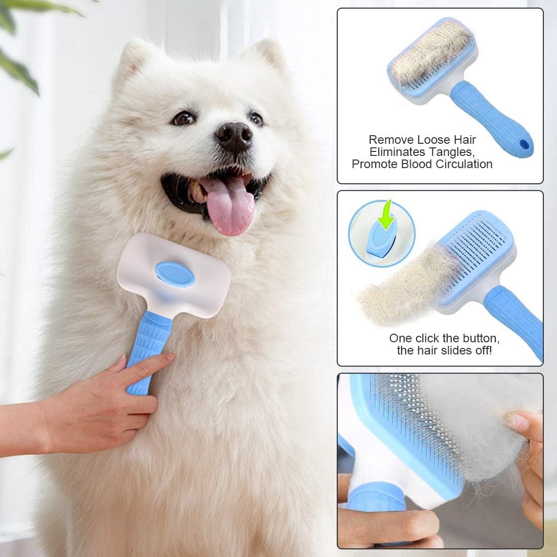 Self Cleaning Slicker Brush,Dog Brush & Cat Brush with Massage Particles,Removes Loose hair & Tangles,Skin Friendly & Promote Circulation-Blue 1