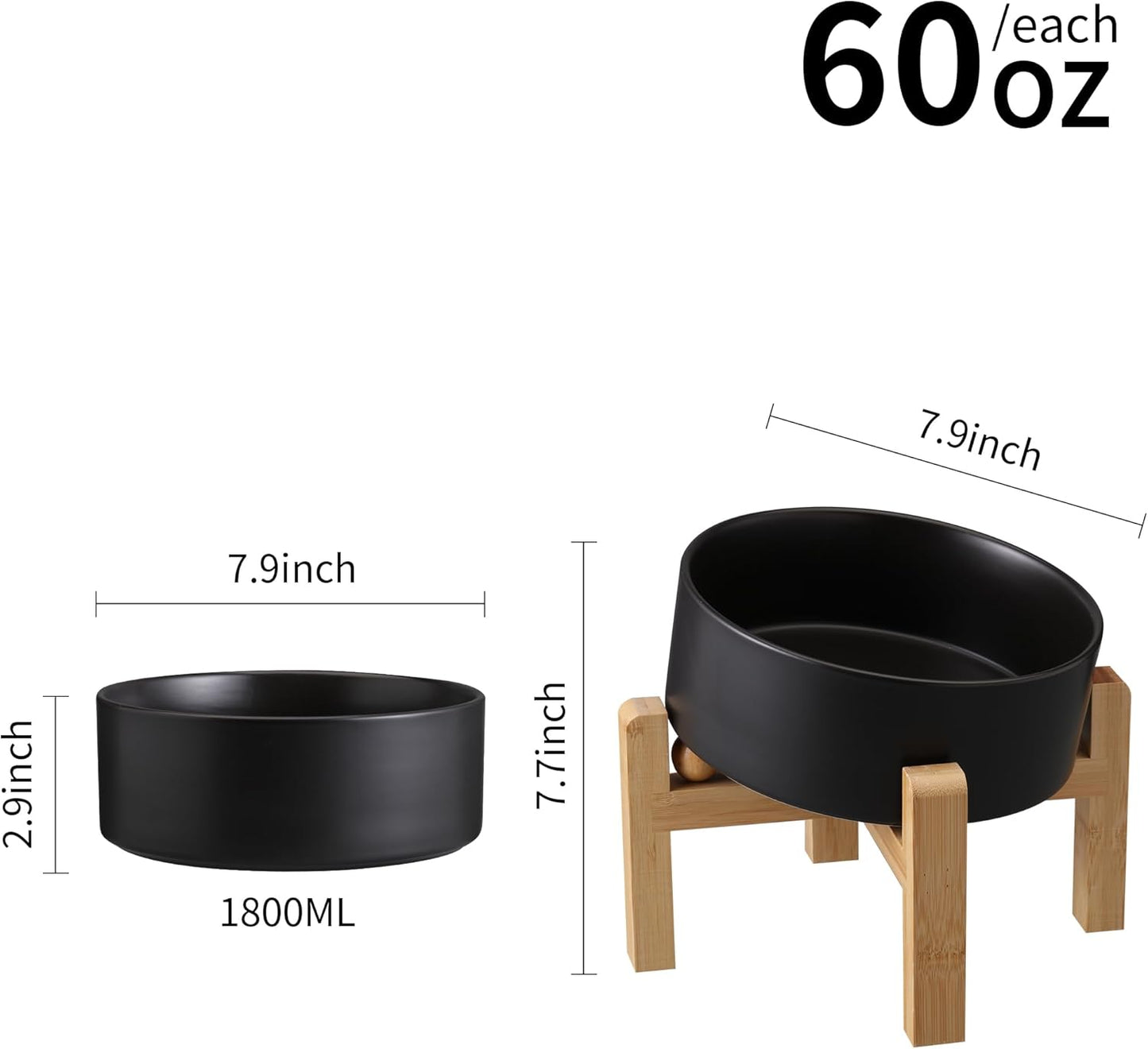 Black Elevated/Raised 15°Tilted Anti Slip Ceramic Dog Bowl for Medium & Large Breeds,Slanted Bulldog Big Face Pet Feeding Food Water Dish Stand for Dogs (7.6 Cups/60OZ)