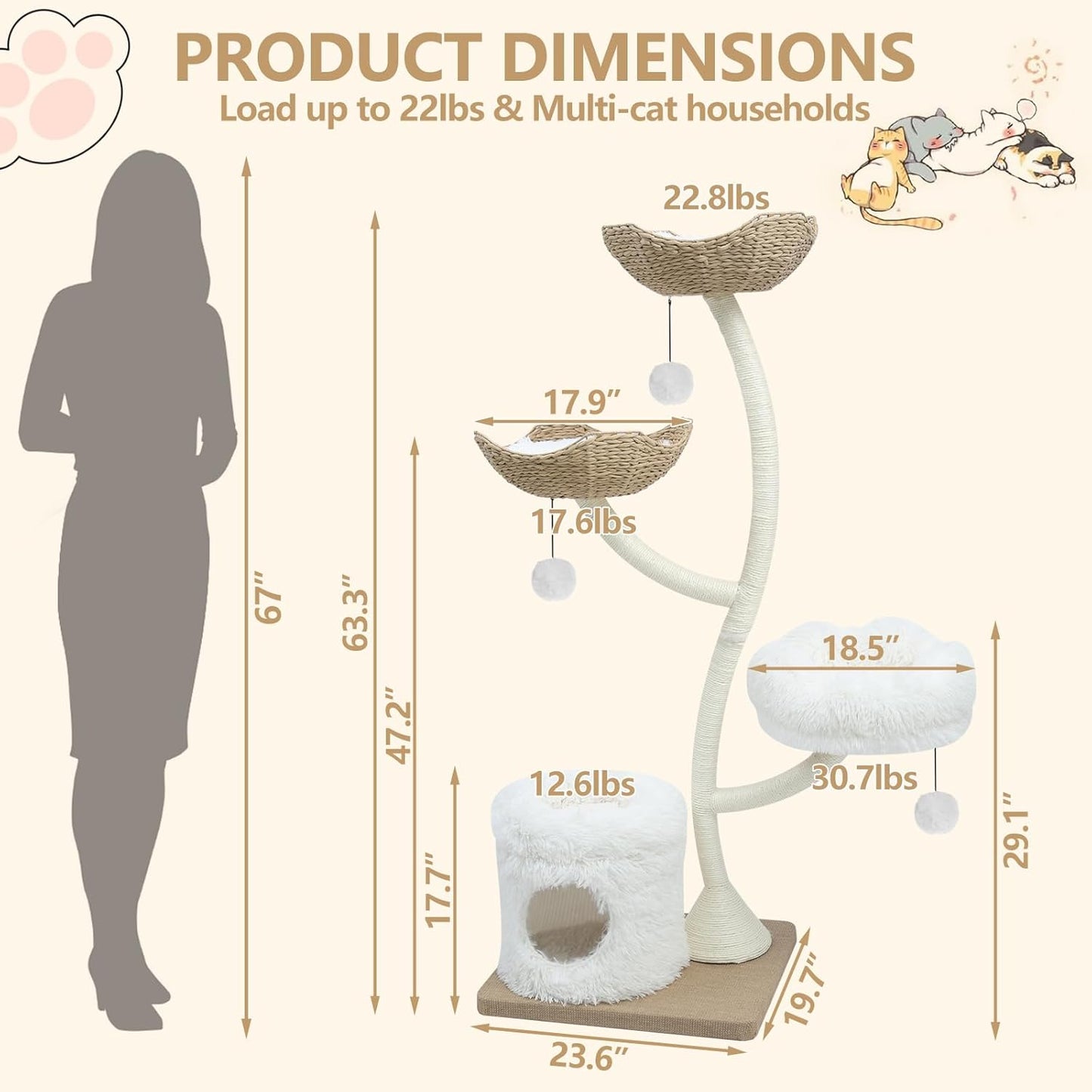 63” Tall Cat Tree Tower for Indoor Cats, Multi-Level Large Cat Climbing Furniture with Scratching Posts, Soft Perch, Cozy Cave, and Hanging Toys, Sturdy Design for Multi-Cat Households