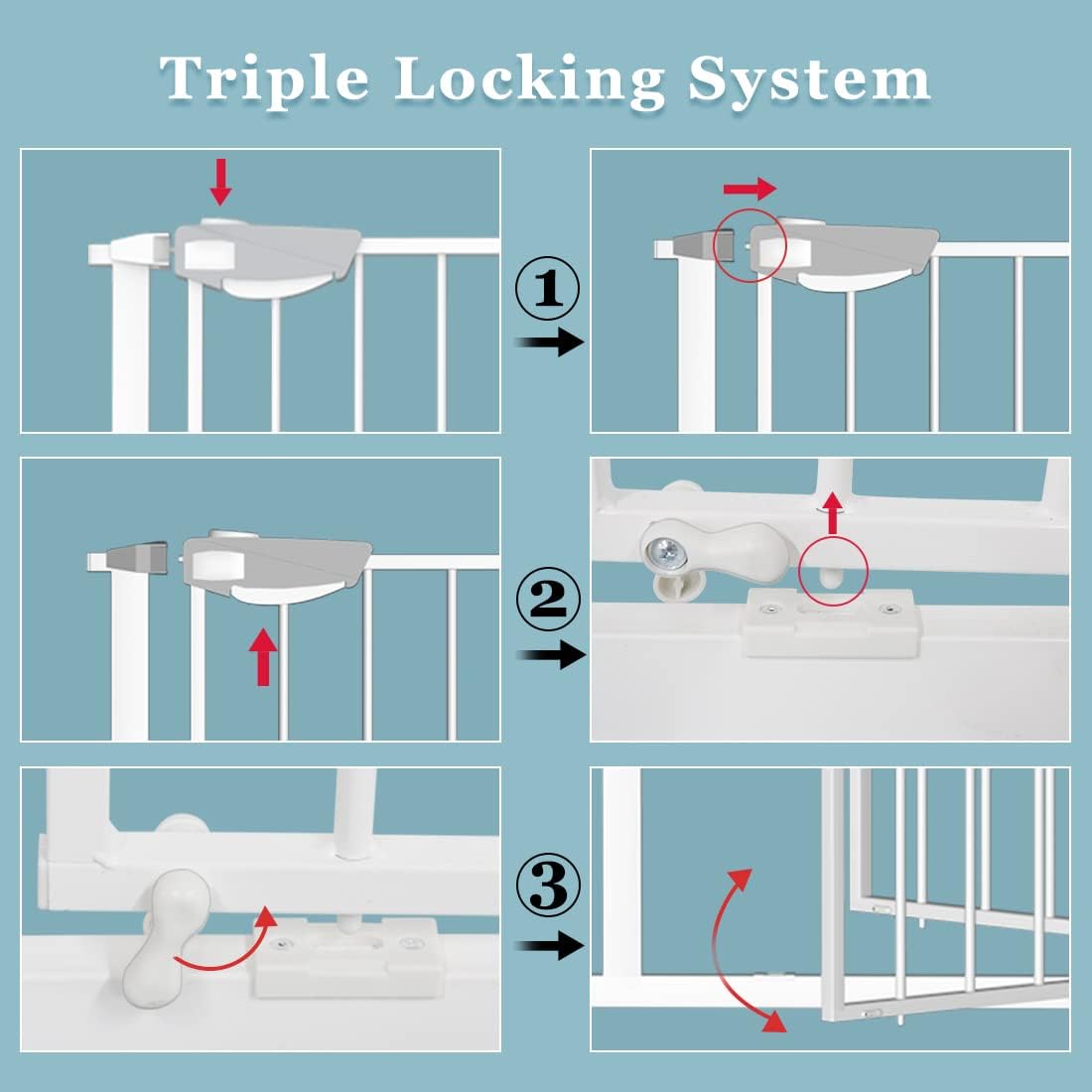 WAOWAO Triple Lock Baby Gate Extra Wide 67.32-72.04" Pressure Mounted Walk Through Swing Auto Close Safety White Metal Dog Pet Puppy Cat for Stairs,Doorways,Kitchen