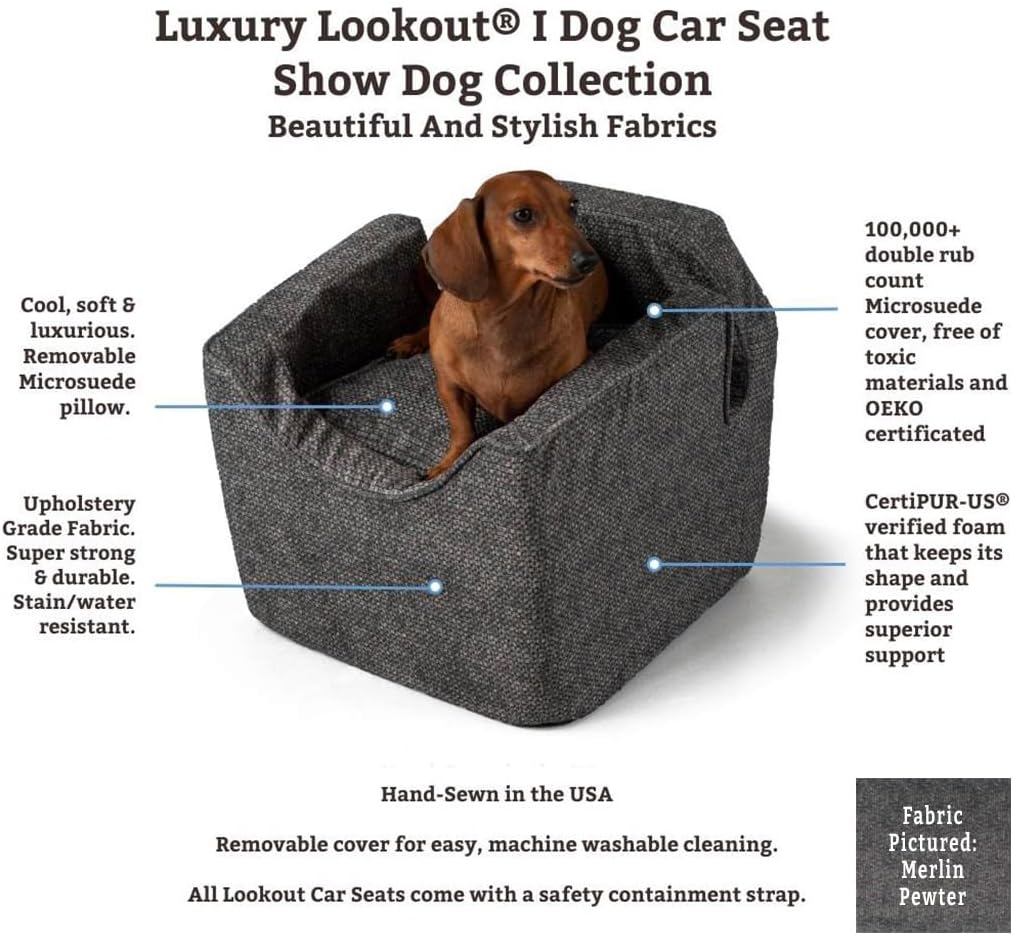 Snoozer Lookout Dog Booster Seat: Small (5-15 lbs), Camel Merlin Fabric, Alleviates Car Sickness, Machine Washable Cover