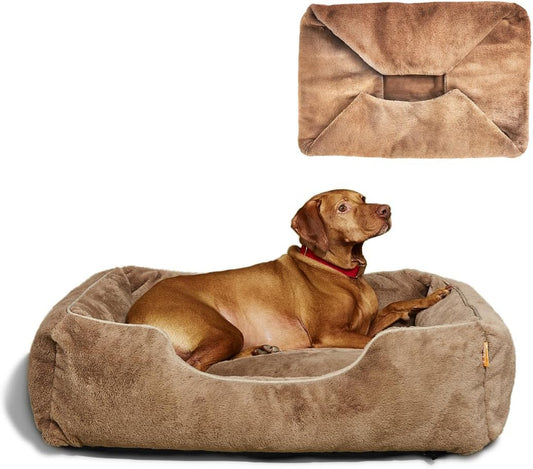 FUZI Luxury Aesthetic Dog Bed with Extra Cover for Medium Dogs, Washable Pet Couch, Pet Bed with Sides, Non-Slip Bottom, Soft & Durable Calming Bed, Faux Rabbit Fur, Medium 31.75x23.6x9.5 Light Brown