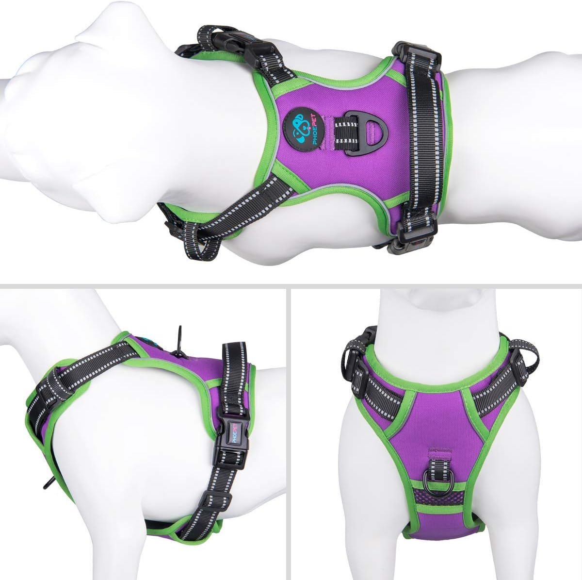 PHOEPET 2019 Upgraded No Pull Dog Harness, Reflective Adjustable Vest, with a Training Handle + 2 Metal Leash Hooks+ 3 Snap Buckles +4 Slide Buckles(L, Purple)