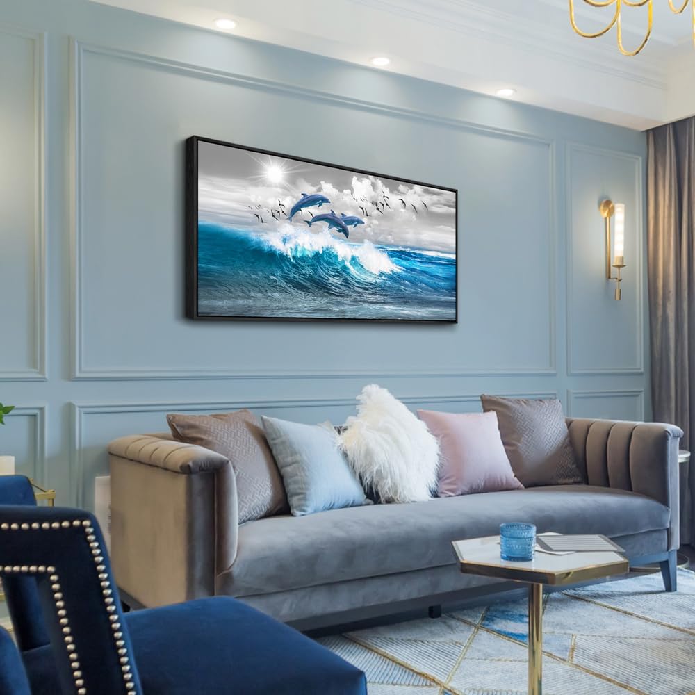 Wapluam Black Framed Wall Decor For Living Room Large Wall Art For Bedroom Blue Waves Of The Sea Wall Pictures Artwork Modern Office Canvas Art Print Dolphins Wall Paintings Ready To Hang 20 X 40