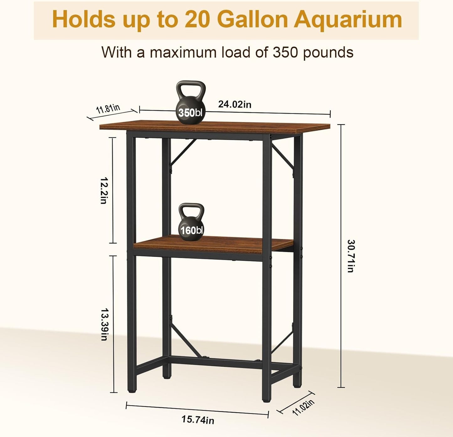 Snughome 10-20 Gallon Fish Tank Stand, Aquarium Stand 2-Tier Storage Shelves, Heavy Duty Terrarium Stand for Home Office Fish Tank Shelf, 24" L x 11.8" W x 30.7" H, Rustic Brown