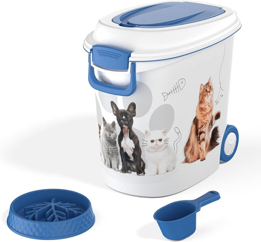Pet Food Storage Container with Scoop & Slow Feeder Bowl – 40LB Large Capacity Dog Cat Food Dispenser, Durable Resin Dry Kibble Keep Food Fresh Organizer for Dogs Cats Birds, Blue