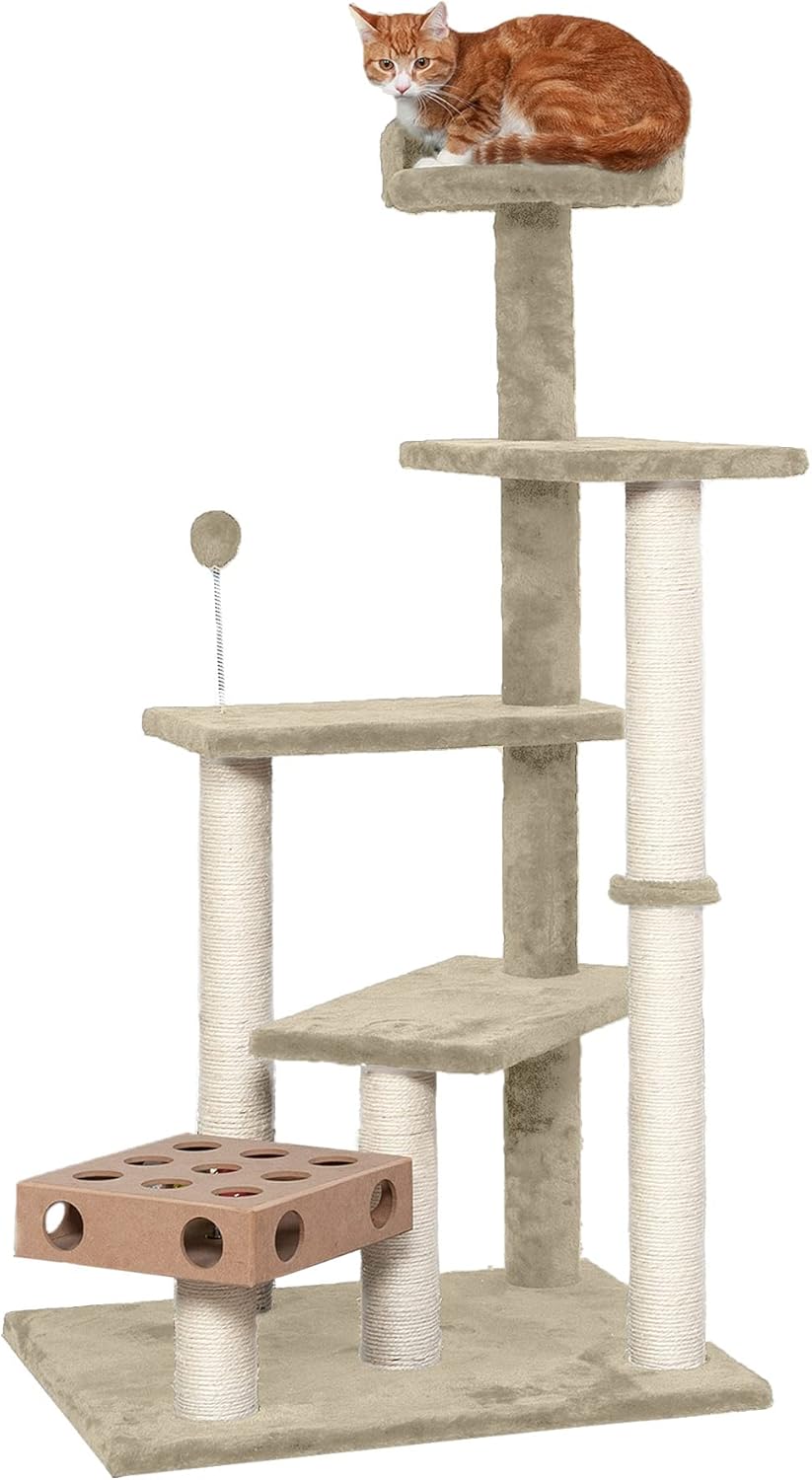 Furhaven 49.5" Tall Cat Tree for Indoor Cats, Ft. Sisal Scratching Posts, Plush Ball Toy, & Busy Box Toy - Tiger Tough Play Stairs Interactive Playground Tower - Cream, One Size