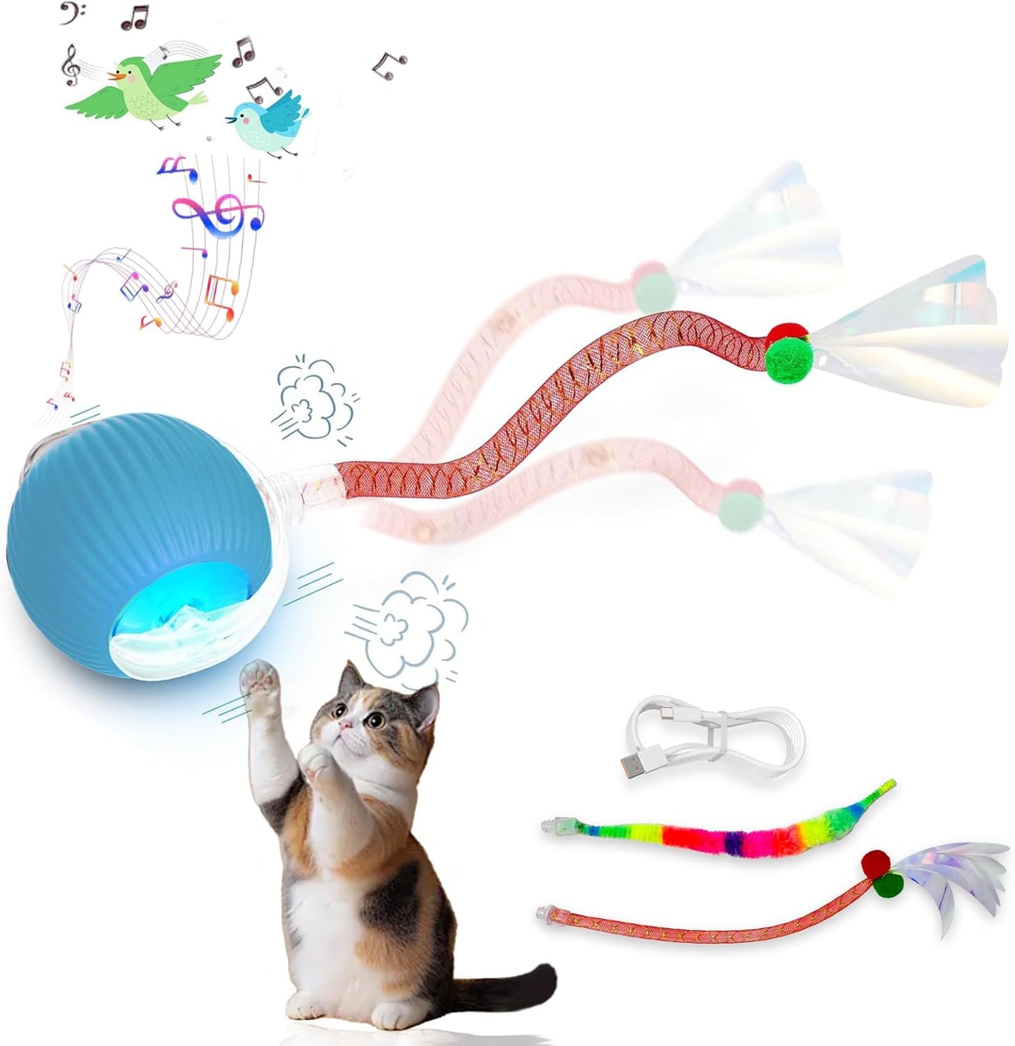 New Upgraded Cat Ball Toy - Speedy Tail 2.0 Cat Toy, Interactive Cat Toy Ball, Stimulating Toys and Juguetes para Gatos, Cat Toys for Bored Indoor（Sound Switchable） (Blue)