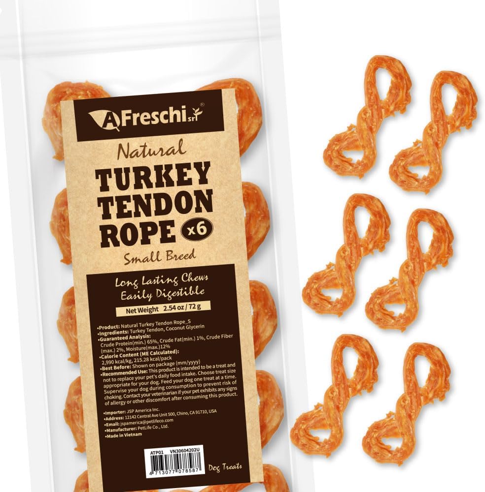AFreschi Turkey Tendons for Dogs, USA-Sourced, Healthy Dog Treats, Rawhide-Free Puppy Chews, Long Lasting, All Natural, Hypoallergenic Dog Treats for Small Breeds, 6 Count Pack Rope (S)