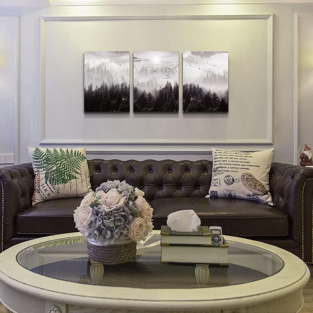 Large Size Canvas Wall Art For Living Room Boho Wall Decor For Bedroom Wall Decorations For Office Foggy Forest Trees Wall Paintings Scenery Wall Pictures Artwork Home Decoration 20" X 28" 3 Piece