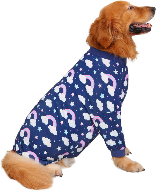 HDE Dog Pajamas One Piece Jammies Jumpsuit Pet Clothes Outfit Stretchy Lightweight Comfy Shirt Pjs for M-3XL Dogs Rainbows - 2XL