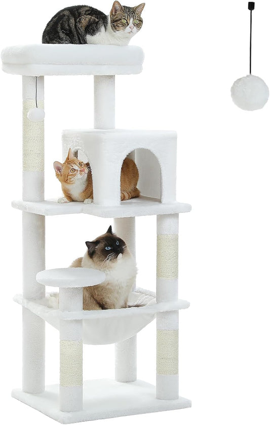 PETEPELA 45.7" Cat Tree for Large Cats, 5-Level Cat Tower for Indoor Cats with Large Hammock (17.3"x15.3"), Cat Condo with (18.5"x13") Big Top Perch & 4 Sisal Covered Scratching Post, White