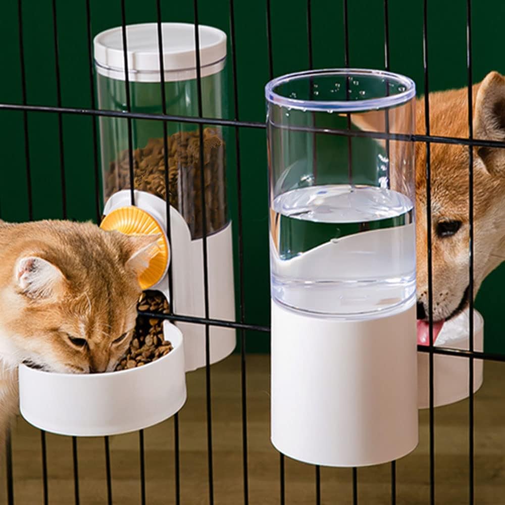 Pet Hanging Automatic Feeders Drinking Bowls 40oz, Auto Gravity Pet Feeding Water Set, Cage Pet Feeding Bowls Dispenser for Cats Dogs Puppy, Rabbit Hamsters Chinchilla Hedgehog (White-Water)