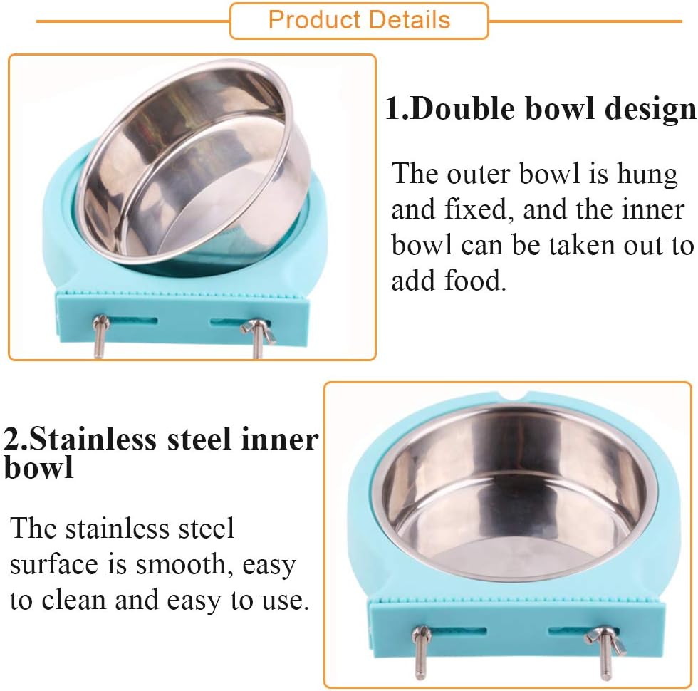 kathson Crate Dog Bowl, Removable Stainless Steel Hanging Pet Cage Bowl Food & Water Feeder Coop Cup for Cat, Puppy, Birds, Rats, Guinea Pigs (2pcs(Pink,Blue))