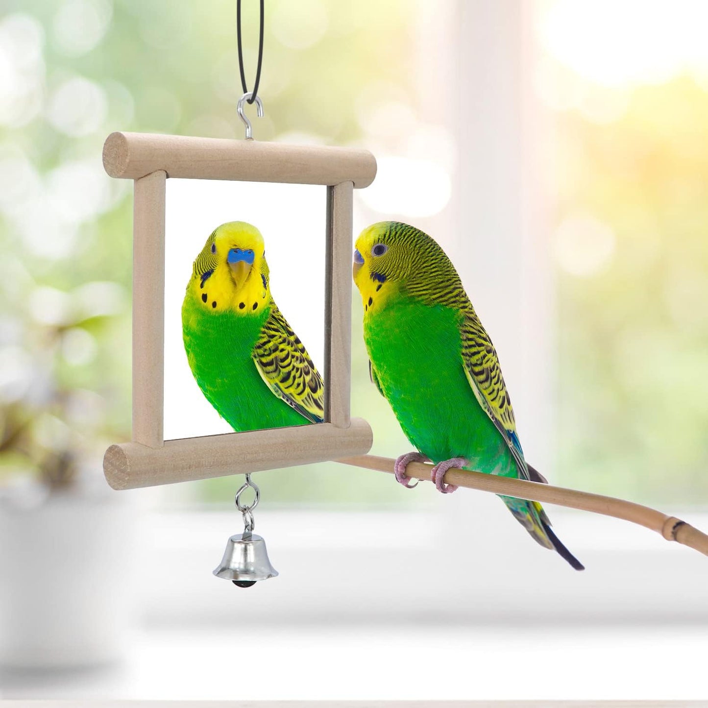 4 PCS Bird Mirror with Bell Parrot Hanging Interactive Playing Toy for Cockatiel Parakeets Canaries Budgie Cage Accessories