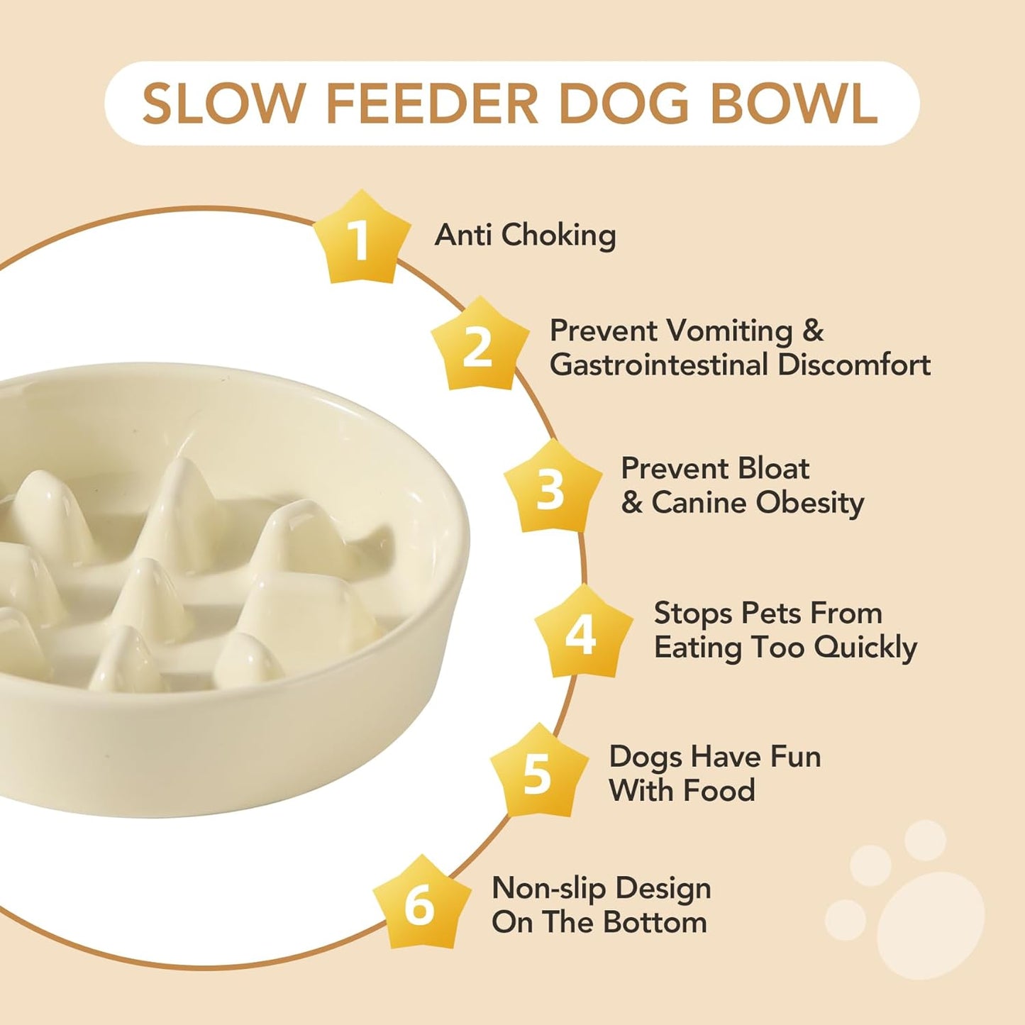 Ceramic 7.3 inch Dog Bowl Slow Feeder, Slow Pet Food Dish for Medium and Small Dog, Stop Bloat, Preventing Choking(Single Bowl, Beige)