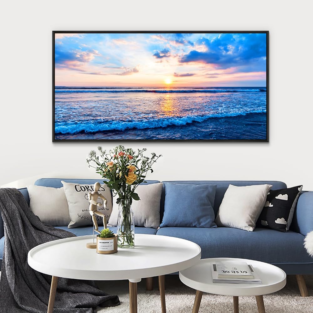 Wapluam Large Canvas Prints Wall Art For Living Room Office Wall Decor Blue Beach Sea Waves Landscape Wall Painting Bedroom Home Decorations Pictures Ready To Hang Wall Mural Black Framed Artwork