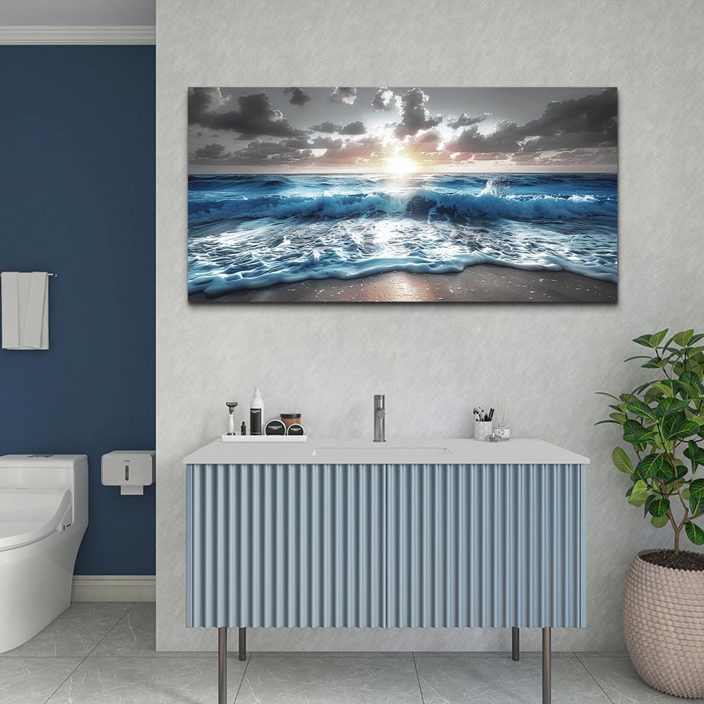 hyidecorart Canvas Wall Decor For Office Large Wall Art For Living Room Blue Beach Painting Sea Waves Sunshine Wall Pictures Bedroom Home Decorations Prints Posters Mural Artwork Ready To Hang