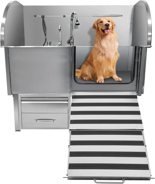 Professional Dog Grooming Tub, 62" Stainless Steel Dog Wash Station with Foldable Ramp, Storage Drawer, Floor Grate & Faucet/Dog Bathtub for Large, Medium & Small Pets - Right Door (62")